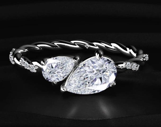 2 Stone Pear Cut Lab Grown Diamond Ring, Toi Et Moi Pear Diamond Ring, Unique Engagement Ring, Twisted Band Bridal Ring