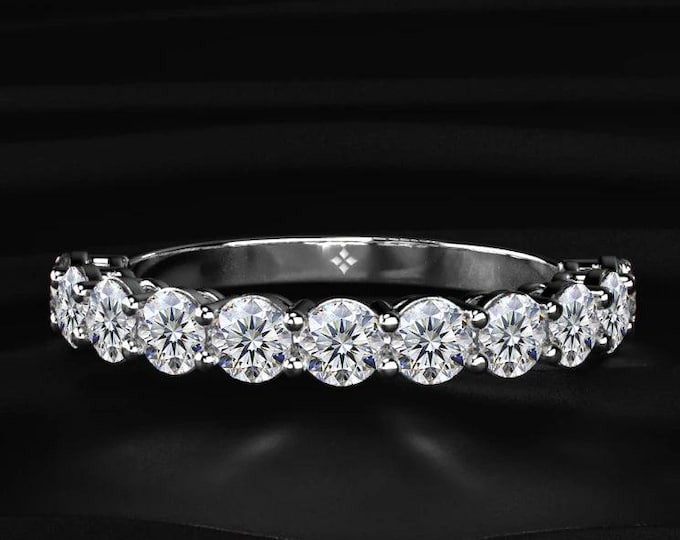 Round Cut Lab Grown Diamond Half Eternity Band, Diamond Wedding Band, Anniversary Ring, Stackable Bridal Ring, 14K Gold Diamond Band