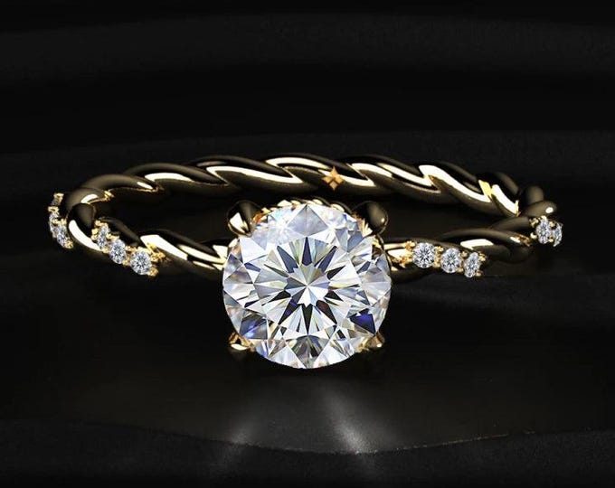 2CT Round Lab Grown Diamond Ring, Twisted Rope Band Engagement Ring, Pave Diamond Solitaire Ring, Unique Bridal Jewelry Gift