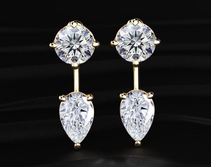 Pear Drop Diamond Earrings Round and Pear Lab Grown Diamond Earrings Minimalist Gold Dangle Earrings Gift for Women