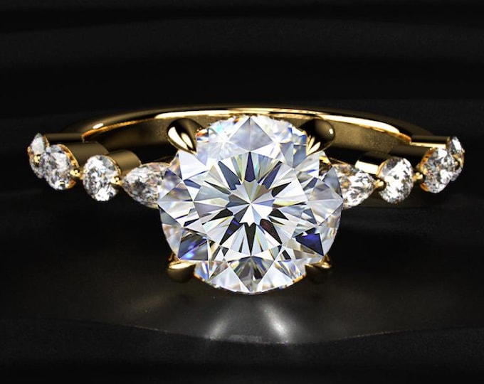 2CT Round Lab Grown Diamond Ring, Marquise Side Stone Ring, Floral Engagement Ring, Hidden Halo Ring, 14K Gold Wedding Ring, Gift For her