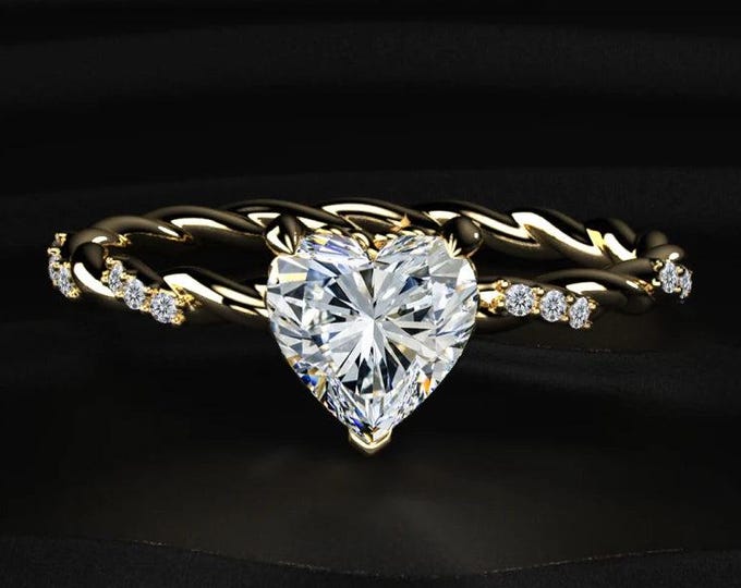 2CT Heart Shape Lab Grown Diamond Ring, Twisted Rope Band Engagement Ring, Romantic Pave Diamond Ring, Unique Bridal Gift