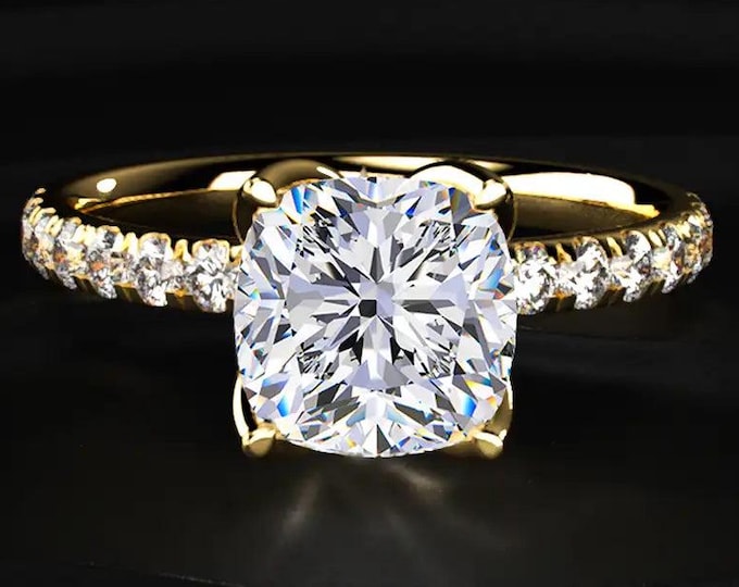 Cushion Cut Diamond Engagement Ring, Pave Band Ring, Hidden Diamond Gallery Ring, Lab Grown Diamond Ring, Gold Bridal Ring
