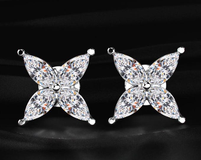 Marquise Diamond Flower Stud Earrings Lab Grown Diamond Floral Earrings White Gold Flower Stud Earrings Gift for Her Jewelry