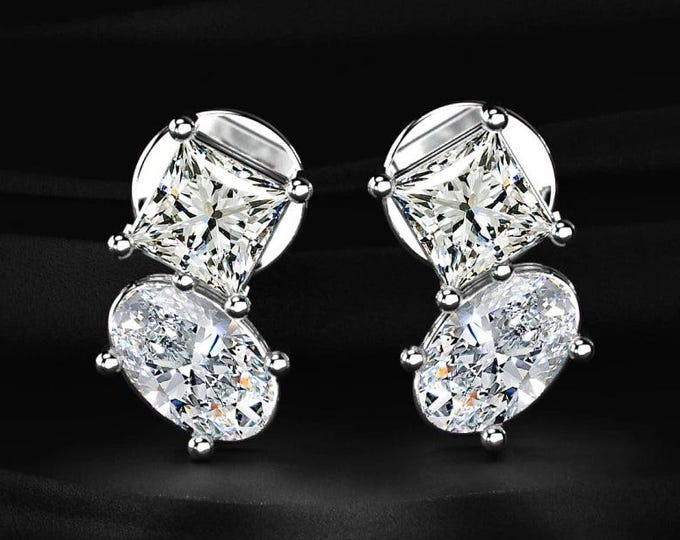 Princess and Oval Cut Diamond Stud Earrings Toi Et Moi Lab Grown Diamond Earrings Minimalist Gold Stud Earrings Gift