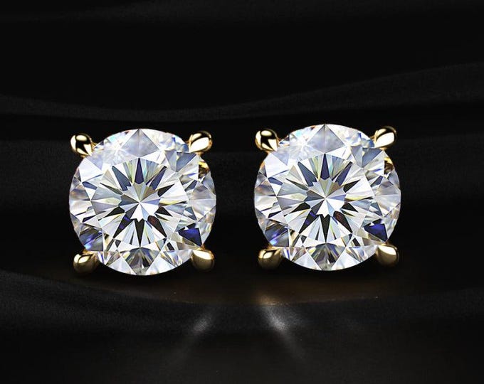 Round Diamond Stud Earrings Lab Grown Diamond Studs Hidden Halo Side Stones Yellow Gold Classic Luxury Jewelry Gift