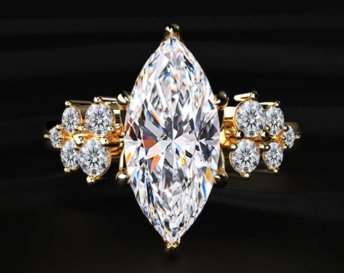 Marquise Cut Lab Grown Diamond Engagement Ring, Vintage Cluster Diamond Ring, Nature Inspired Marquise Solitaire Ring, 14K Gold Bridal Ring