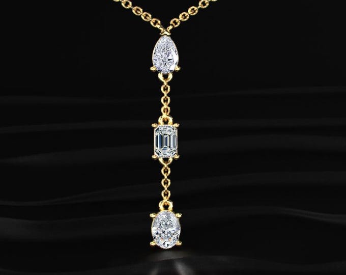 Three Stone Diamond Drop Necklace, Pear Emerald Oval Lab Grown Diamond Pendant, Yellow Gold Necklace for Women