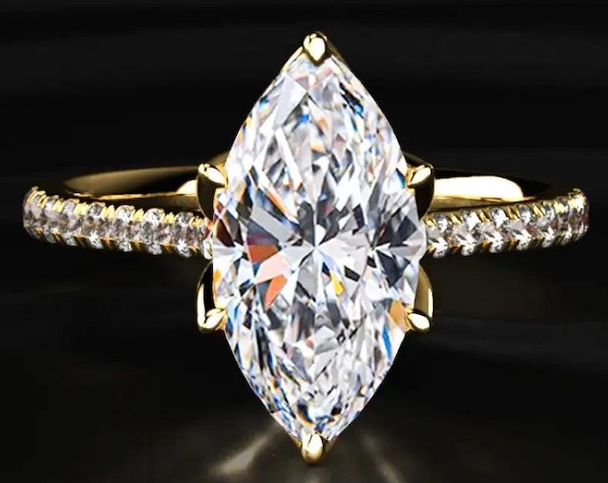 Marquise Cut Diamond Engagement Ring, Pave Band Ring, Lab Grown Diamond Ring, Floral Hidden Halo Ring, Gold Bridal Ring