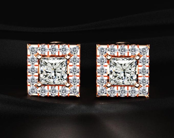 Princess Cut Halo Diamond Stud Earrings Lab Grown Diamond Square Halo Earrings Gold Bridal Stud Earrings Luxury Gift for Her
