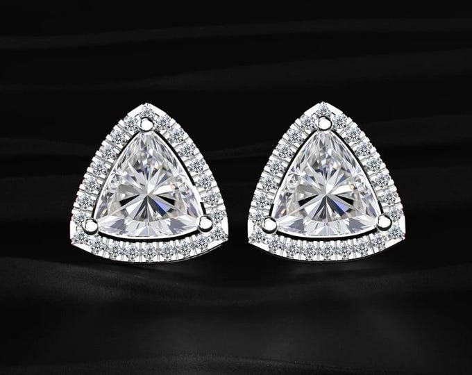 Trillion Cut Diamond Stud Earrings Halo Diamond Earrings Lab Grown Diamond Triangle Studs White Gold Earrings Gift