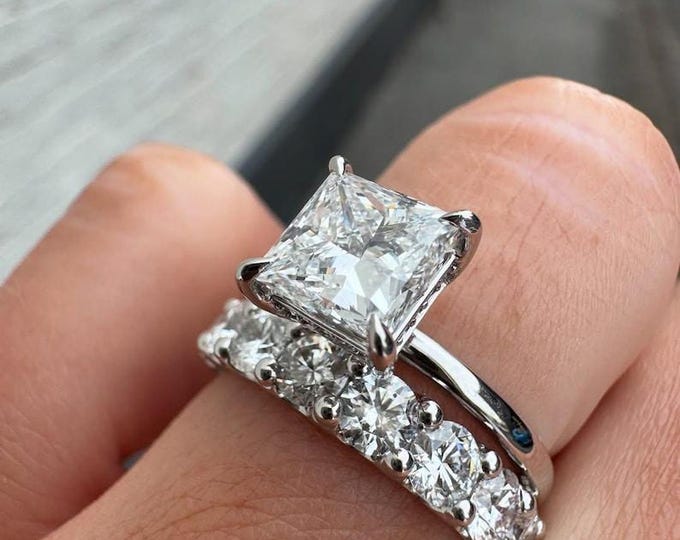 2.00 CT Princess Cut Moissanite Wedding Ring, Unique Hidden Halo & Pave Set Diamond Ring, Promise Dainty Anniversary Ring for Women