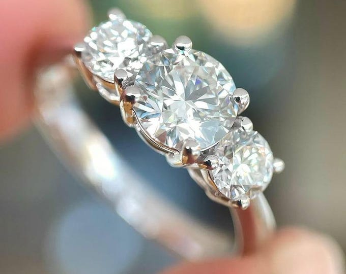 Solid Gold Three Stone 2 CT Round Moissanite Engagement Ring, Promise Ring, Proposal Ring, Commitment Ring, Anniversary Gift for Women Wife