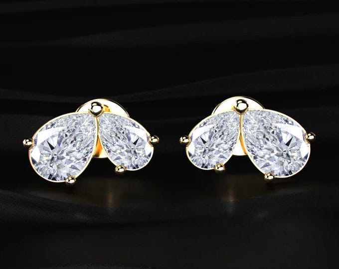 Pear Shape Diamond Stud Earrings Double Pear Cluster Earrings Lab Grown Diamond Earrings Minimalist Gold Stud Earrings Gift