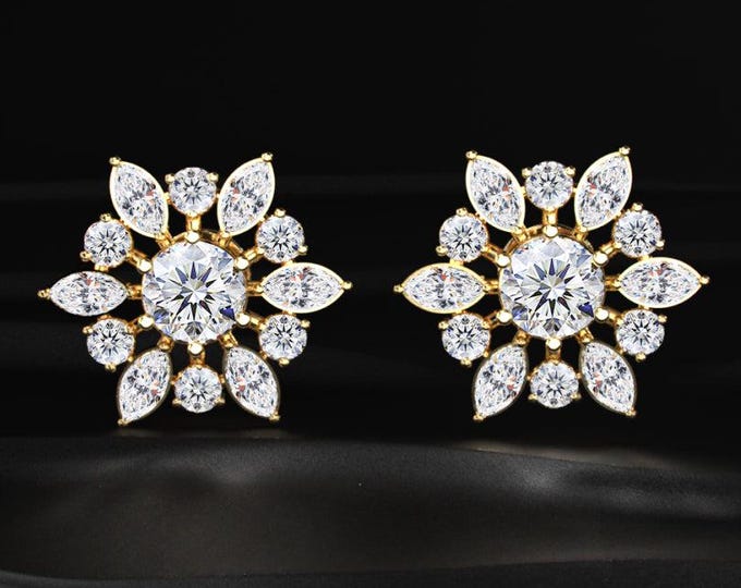 Floral Diamond Stud Earrings Lab Grown Diamond Cluster Earrings Snowflake Flower Earrings Gold Bridal Jewelry Gift for Her
