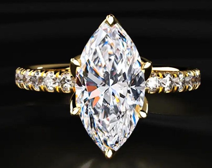 Marquise Cut Diamond Engagement Ring, Lab Grown Diamond Ring, Pave Band Ring, Hidden Floral Gallery Ring, Gold Bridal Ring Gift