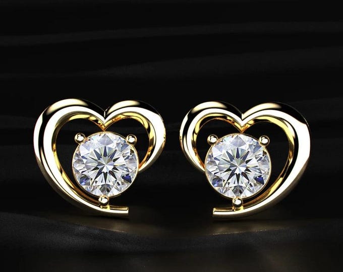 Open Heart Diamond Earrings Round Lab Grown Diamond Stud Earrings Gold Minimal Heart Jewelry Gift for Her Anniversary Gift