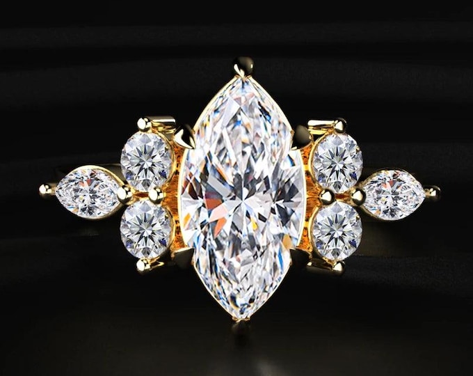 Marquise Cut Lab Grown Diamond Engagement Ring, Cluster Diamond Ring, Vintage Marquise Solitaire Ring, 14K Gold Bridal Anniversary Ring