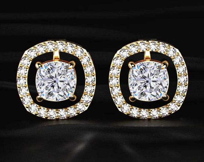 Cushion Cut Diamond Halo Drop Earrings Lab Grown Diamond Dangle Earrings Convertible Stud Halo Earrings Gold Jewelry Gift