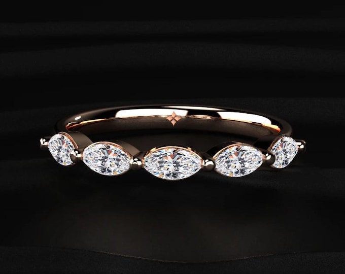 Marquise Cut Lab Grown Diamond Wedding Band, 5 Stone Marquise Diamond Ring, 14K Solid Gold Anniversary Band, Stackable Bridal Ring
