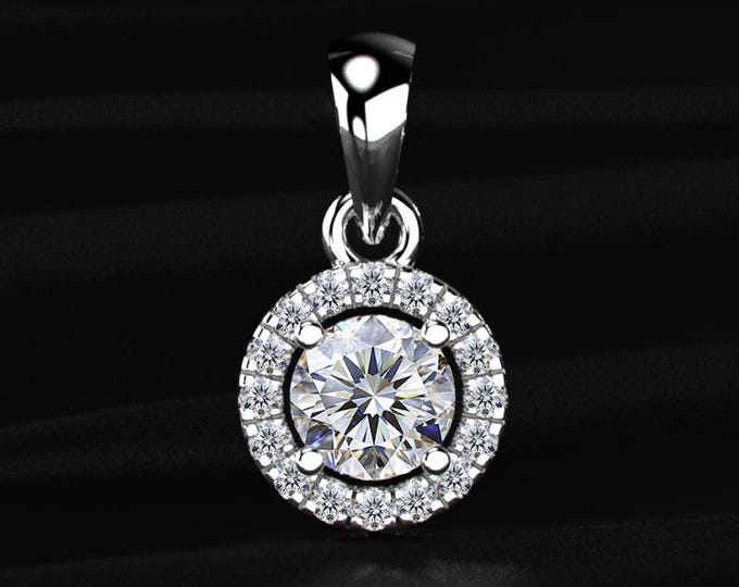 Round Cut Lab Grown Diamond Pendant | Halo Setting Diamond Charm | 14K White Gold Pendant Only | Anniversary Gift for Her