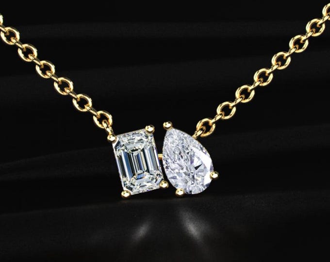 3 CTW Toi Et Moi Lab Grown Diamond Necklace Emerald Cut Pear Cut Diamond Pendant E Color VVS2 Anniversary Gift For Her