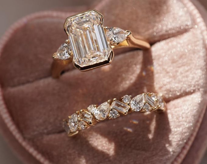 2.50CT Emerald Cut Diamond Engagement Ring Set, Gold Solitaire Ring with Wedding Band, Vintage Inspired Bridal Set, Bezel Set Ring