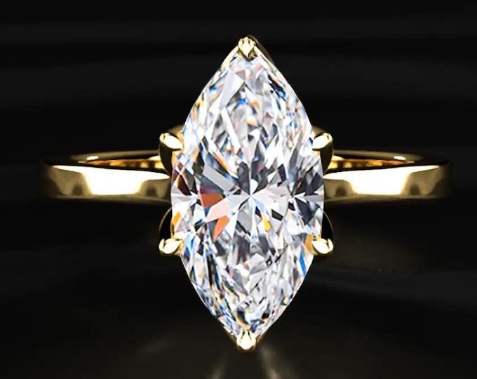 Marquise Cut Lab Grown Diamond Engagement Ring, Solitaire Diamond Ring, 14K Solid Gold Bridal Ring, Anniversary Gift for Her