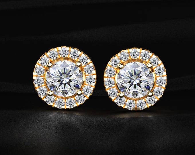 Round Halo Diamond Stud Earrings Lab Grown Diamond Earrings Gold Halo Stud Earrings Minimal Bridal Jewelry Gift for Her