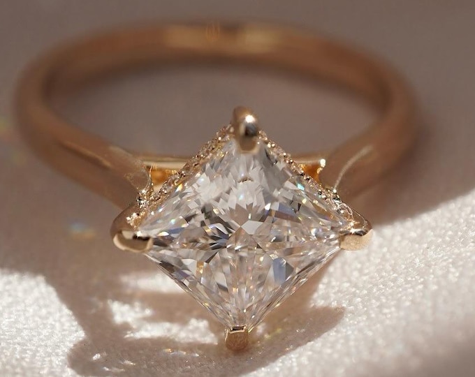 Princess Cut Hidden Halo Moissanite Engagement Ring, Wedding Ring for Women, Invisible Halo Ring, Moissanite Ring for Gifts, Promise Ring