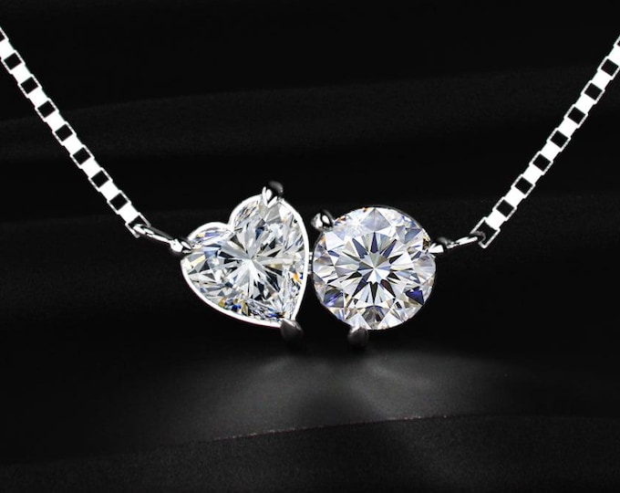2TCW Heart & Round Lab Grown Diamond Toi Et Moi Necklace Diamond Pendant Anniversary Gift For Her Gold Necklace