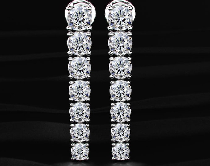Diamond Drop Earrings Linear Lab Grown Diamond Bar Earrings Long Dangle Earrings Round Diamond Bridal Jewelry Gift for Her