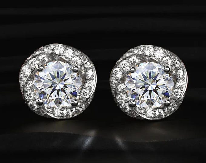 Round Halo Lab Grown Diamond Stud Earrings 14K Gold Double Halo Diamond Earrings Bridal Wedding Jewelry Gift for Her