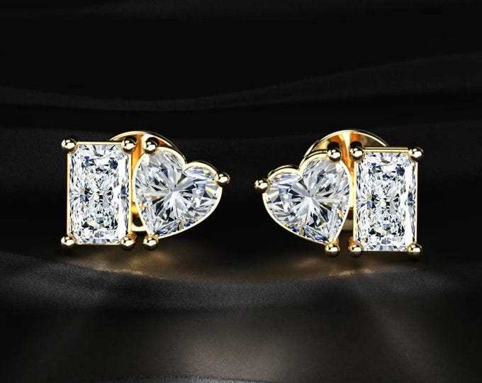 Toi Et Moi Diamond Stud Earrings Emerald Cut Heart Diamond Earrings Lab Grown Diamond Gold Stud Earrings Unique Gift