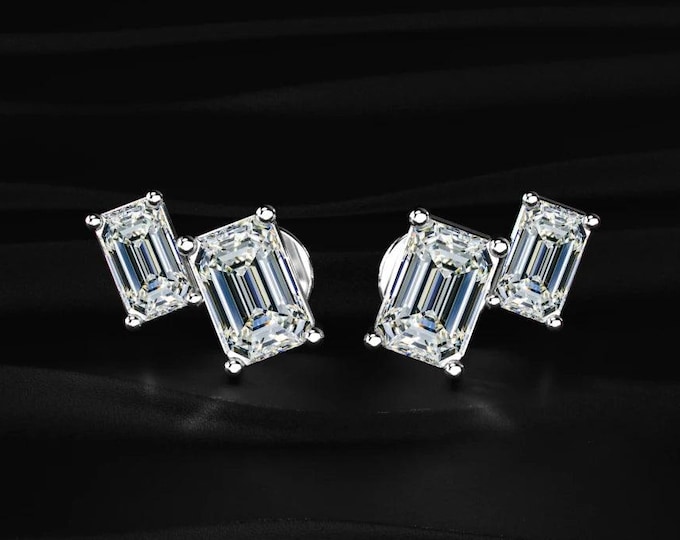 Emerald Cut Diamond Stud Earrings Two Stone Toi Et Moi Lab Grown Diamond Earrings Minimalist Gold Stud Earrings Gift for Her