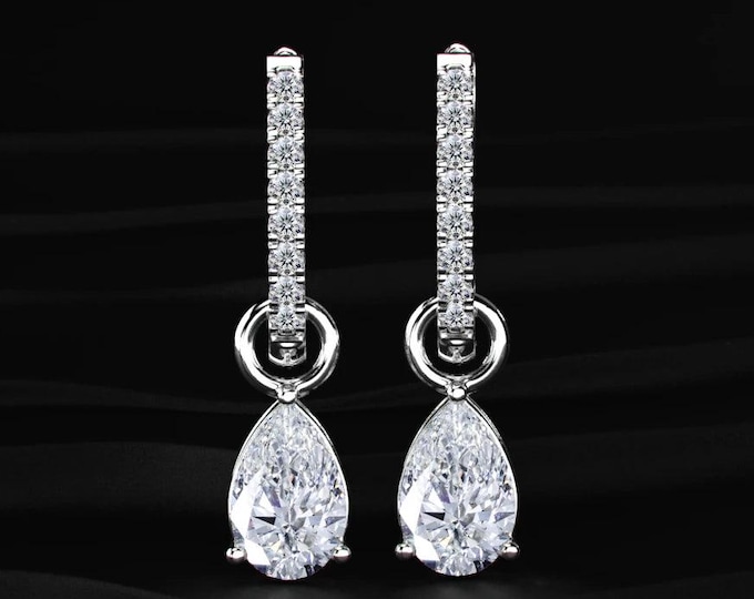 Pear Diamond Drop Earrings White Gold Hoop Lab Grown Diamond Teardrop Dangle Earrings Minimalist Bridal Jewelry Gift for Her