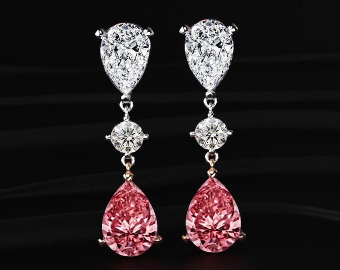 Pear Diamond Drop Earrings Pink Lab Grown Diamond Dangle Earrings Two Tone Gold Bridal Earrings Luxury Wedding Jewelry Gift