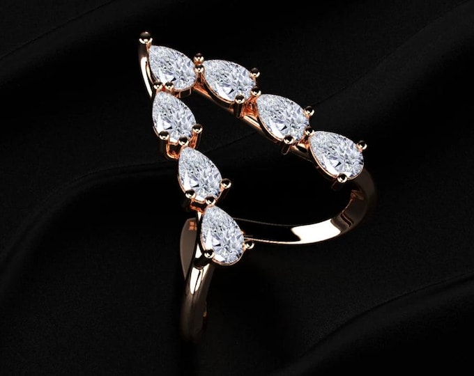 Unique V Shape Pear Cut Lab Grown Diamond Ring in 14K Rose Gold, Chevron Multi Stone Wedding Ring for Women,Minimalist Lab Created Ring Gift