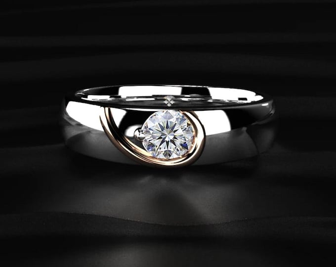 1CT Round Cut Lab Grown Diamond Men's Ring, Half Heart Two Tone Gold Wedding Band, Solitaire Engagement Ring for Him