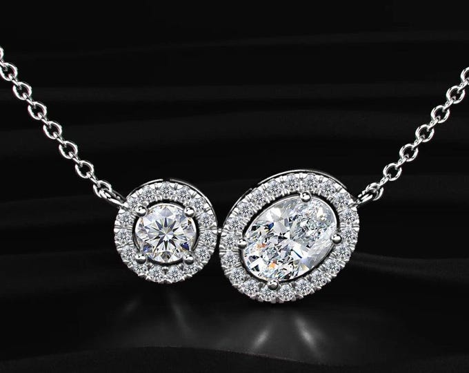 Toi Et Moi Lab Grown Diamond Necklace Round & Oval Halo Diamond Pendant E Color VVS2 Anniversary Gift For Her Gold Necklace