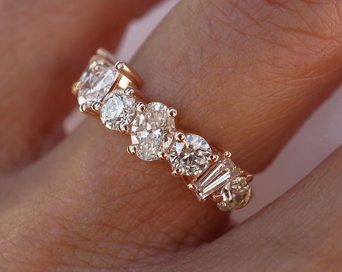 Diamond Wedding Band for Women, Mixed Cut Diamond Band Ring, Rose Gold Anniversary Ring, Handmade Diamond Eternity Band, Multi Shape Ring
