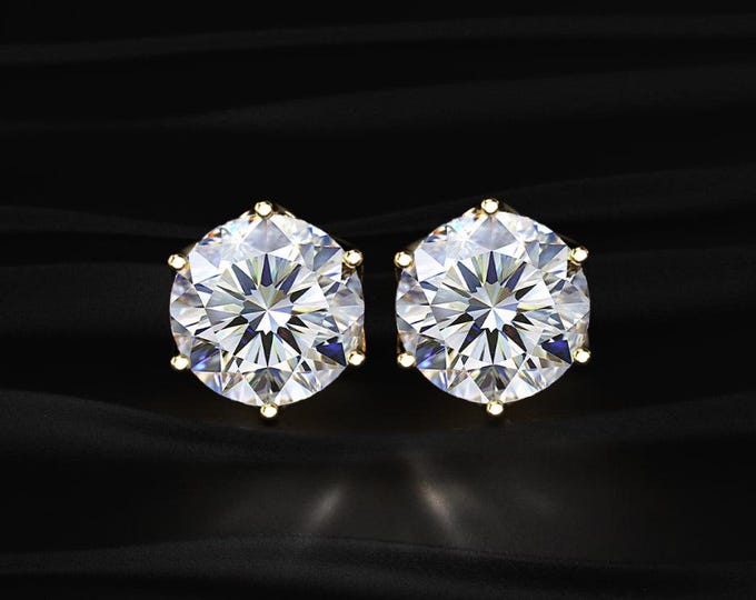 Round Lab Grown Diamond Stud Earrings 6 Prong Diamond Studs Yellow Gold Solitaire Earrings Minimalist Jewelry Gift for Her