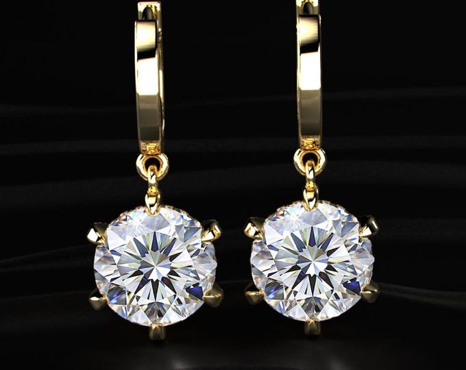 Round Diamond Hoop Drop Earrings Lab Grown Diamond Dangle Earrings Gold Hoop Earrings Minimal Luxury Gift for Her