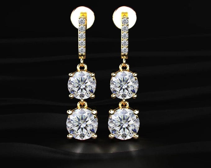 Double Diamond Drop Earrings Gold Lab Grown Round Diamond Dangle Earrings Two Stone Drop Earrings Luxury Gift for Her Jewelry