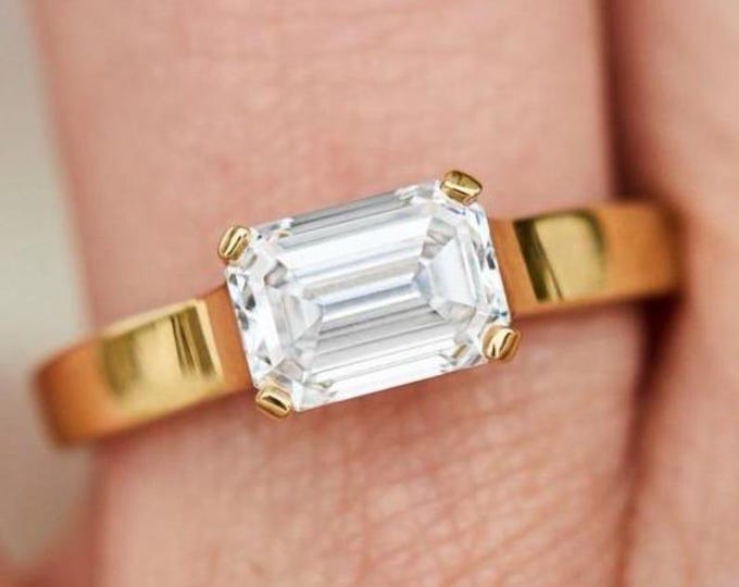 3 CT Solid Gold Solitaire Emerald Cut Moissanite Engagement Ring, East West Set Ring, Promise Ring, Anniversary, Birthday Gift