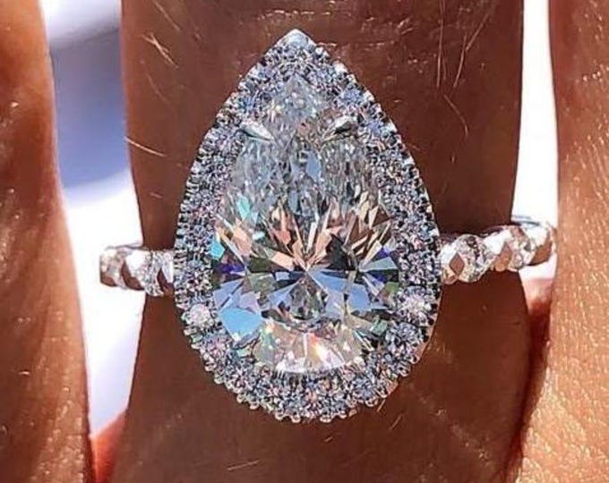 3 CT Pear Moissanite Halo Engagement Ring , Unique Twisted Band , Elegant Bridal Jewelry , Proposal or Anniversary Gift for Her