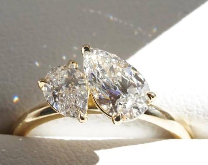 3 CT Yellow Gold Toi Et Moi Double Pear Cut Moissanite Diamond Engagement Ring, Two-Stone Ring, Bridal Ring For Her