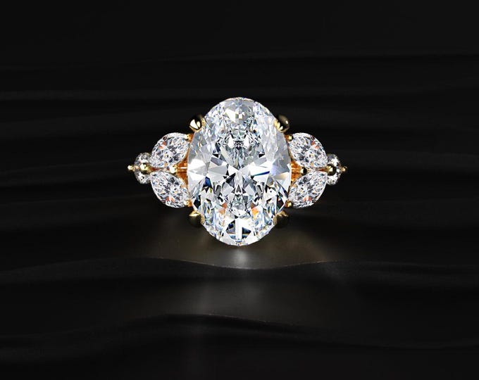 7CT Oval Lab Grown Diamond Ring, Hidden Halo Engagement Ring, Marquise Side Stone Ring, Luxury Gold Bridal Ring Gift