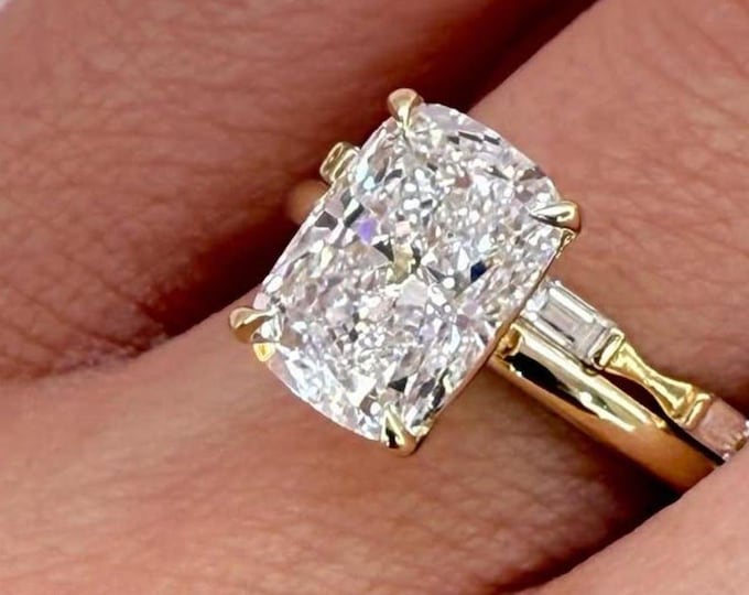 2.50 CT Cushion Cut Moissanite Engagement Ring | Baguette Side Stone | Luxury Vintage Style Promise Ring | Classic And Modern Jewelry