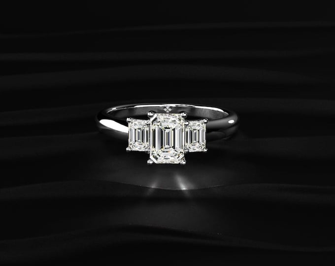 Three Stone Emerald Cut Lab Grown Diamond Ring, 14K Solid Gold Engagement Ring, Trilogy Bridal Ring, Anniversary Gift for Her